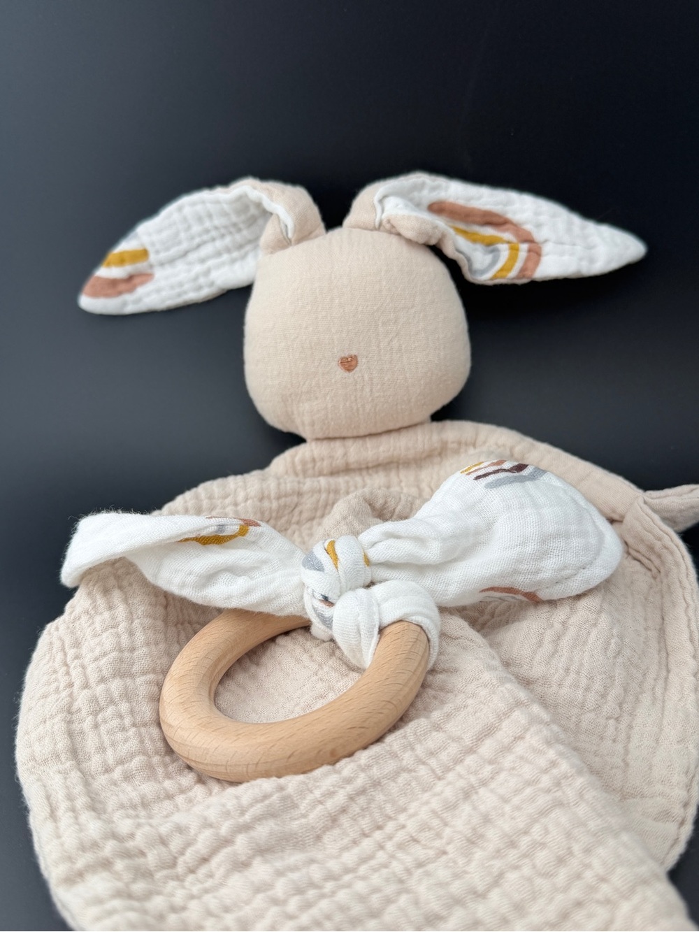 LUCOI Baby Beige Muslin Lovey Bunny Blanket w/matching Teething Ring